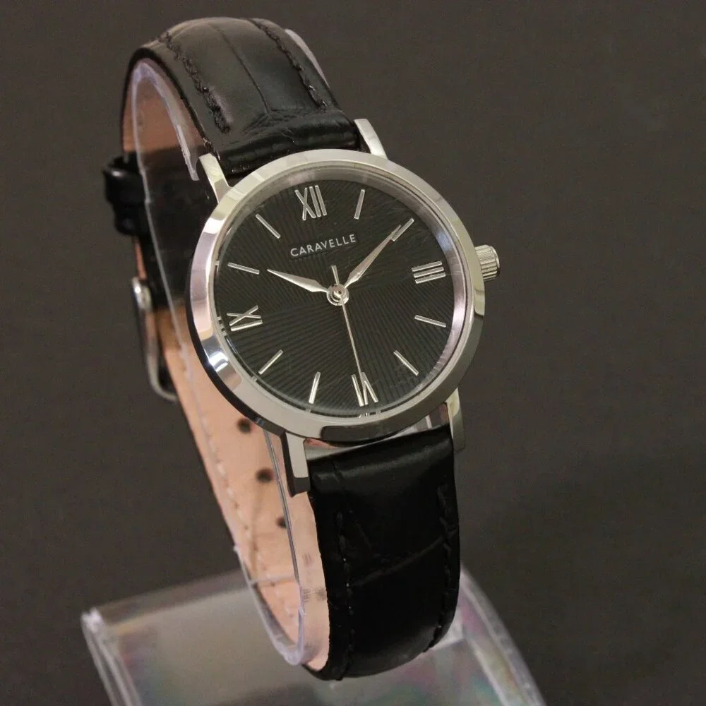 Caravelle Ladies Quartz Dress Watch By Bulova Black Textured Dial, Strap 28mm